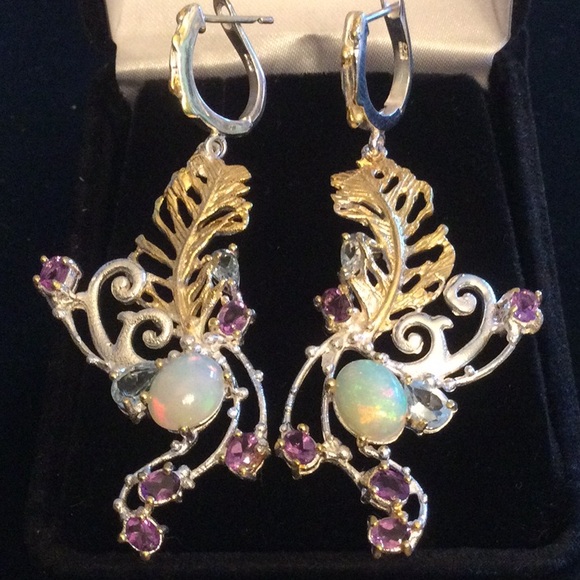 Exquisite One Of A Kind, Genuine Fiery Opal, Aquamarines & Amethysts Earrings - Picture 5 of 11